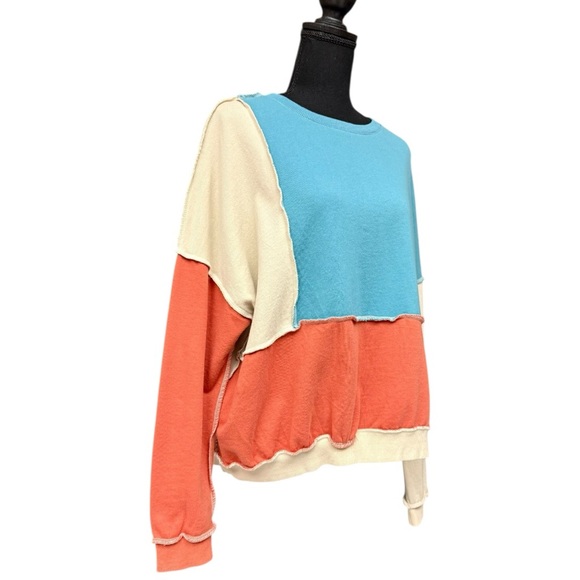 Easel Colorblock Crewneck Sweatshirt Blue Coral Cream Cotton Size Small EUC - Picture 6 of 9